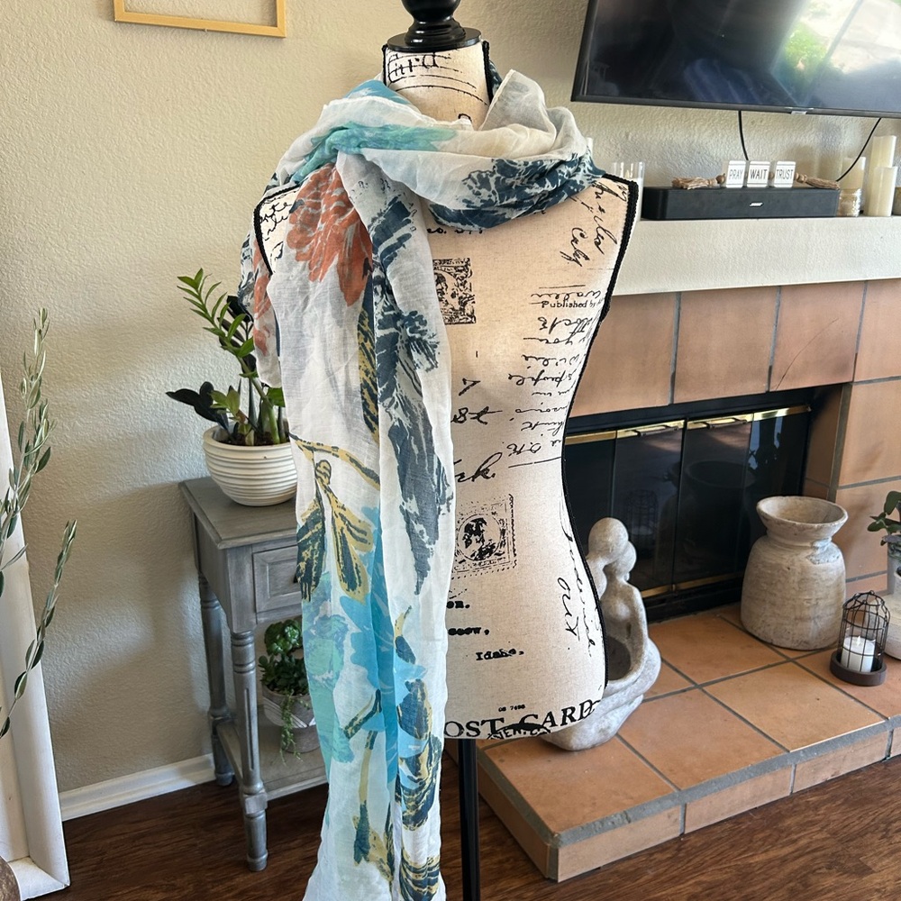 Floral Print Scarf with Blue and Orange Accents